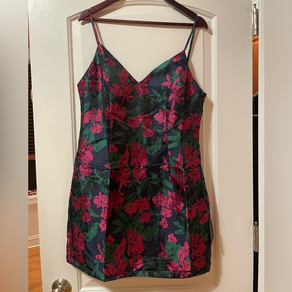 Lulus Absolutely Exquisite Navy Blue Floral Jacquard Mini Dress—XL